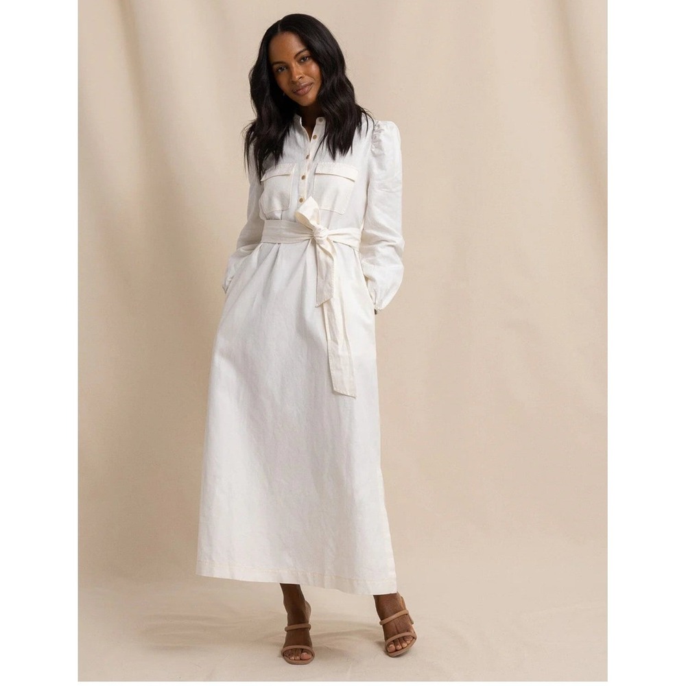 NEW Southern Tide Women's Kiara Maxi Dress Long Sleeve Belted Sand Sand White L - Picture 1 of 16